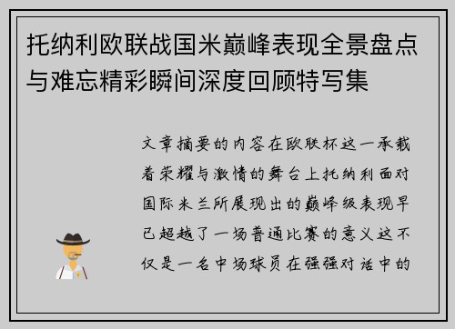托纳利欧联战国米巅峰表现全景盘点与难忘精彩瞬间深度回顾特写集
