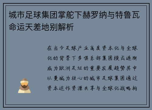 城市足球集团掌舵下赫罗纳与特鲁瓦命运天差地别解析